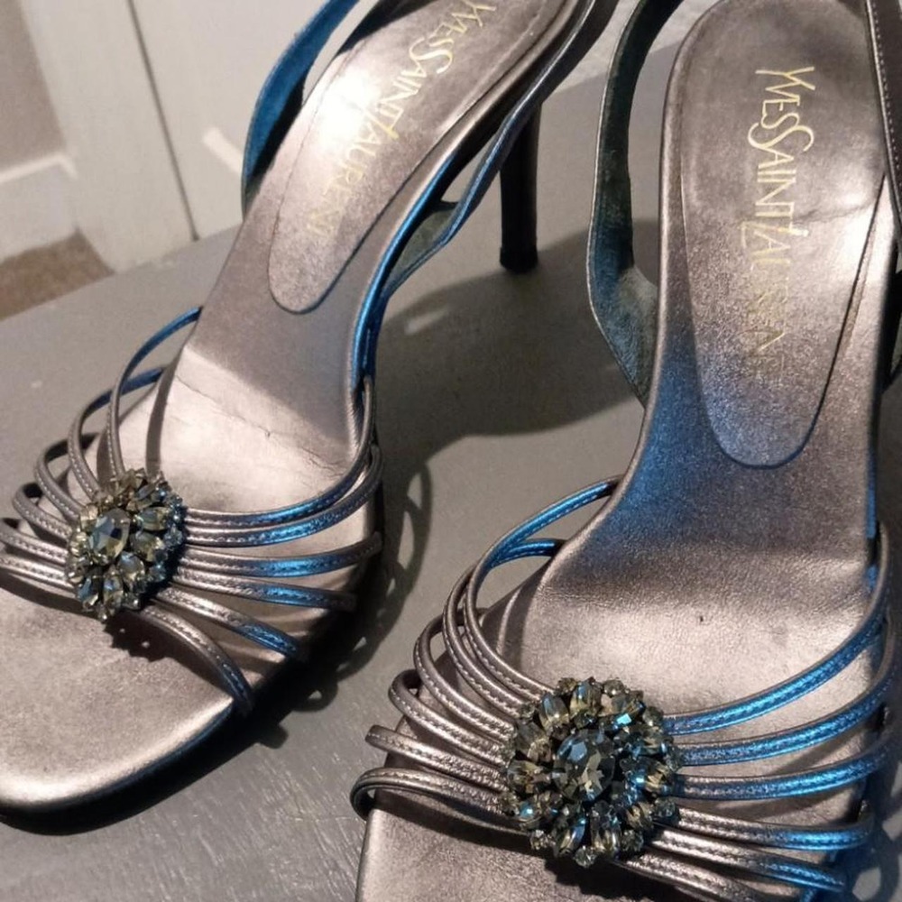 Vintage Yves Saint Laurent Metallic Strappy Crystal Slingback Heels 6.5M - Picture 7 of 8